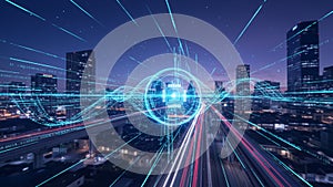 Futuristic Cityscape with Digital Data Flow and Technology Integration